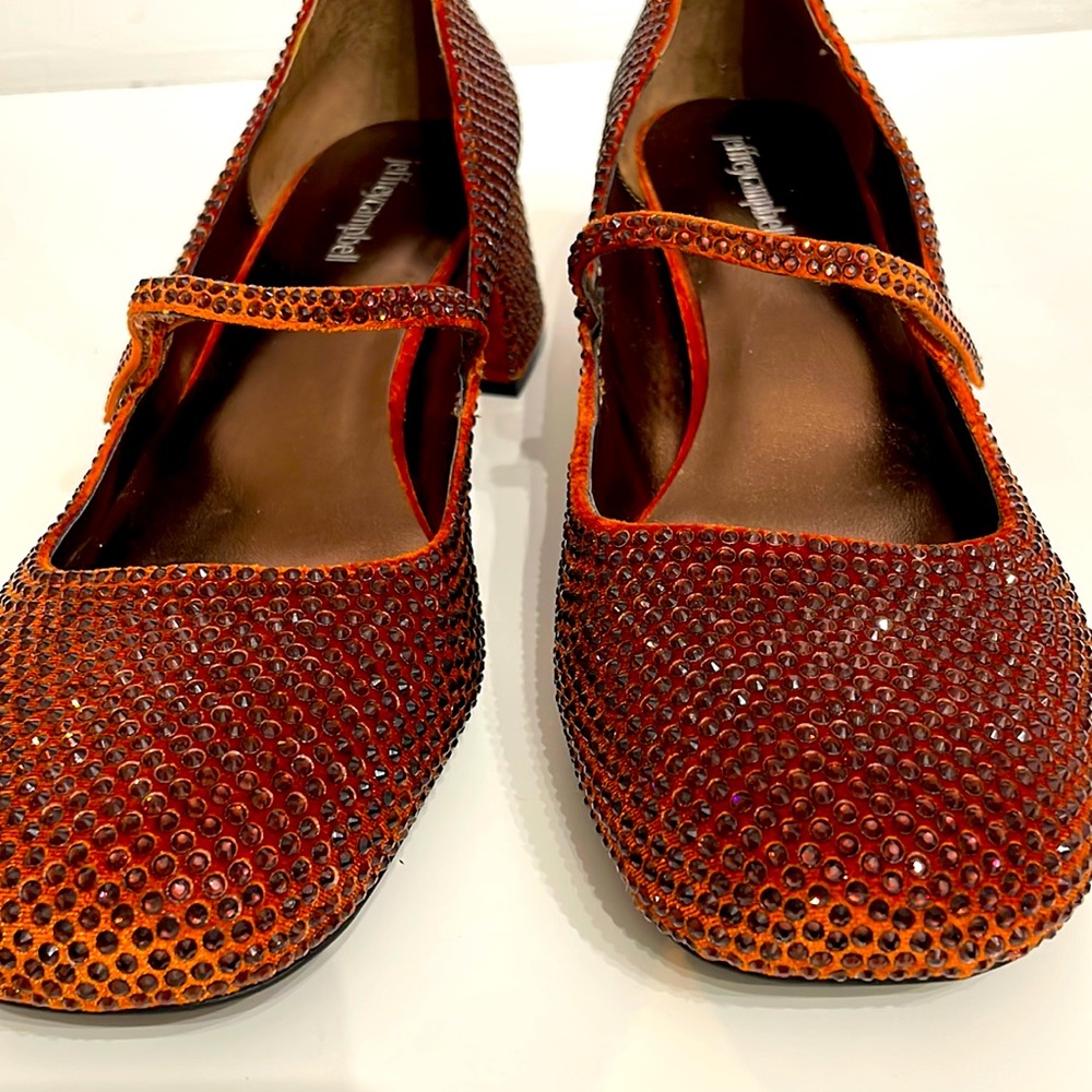 Jeffery Campbell Regal Mary Jane Pump Bling Crystals Block Heel Dark Orange $179